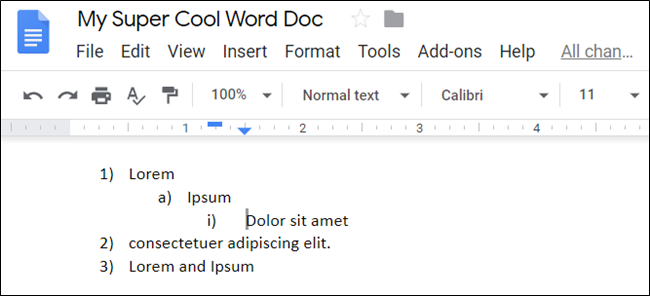A list showing an item demoted twice in Google Docs. 