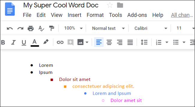 Lines of a list in Google Docs in different font colors.